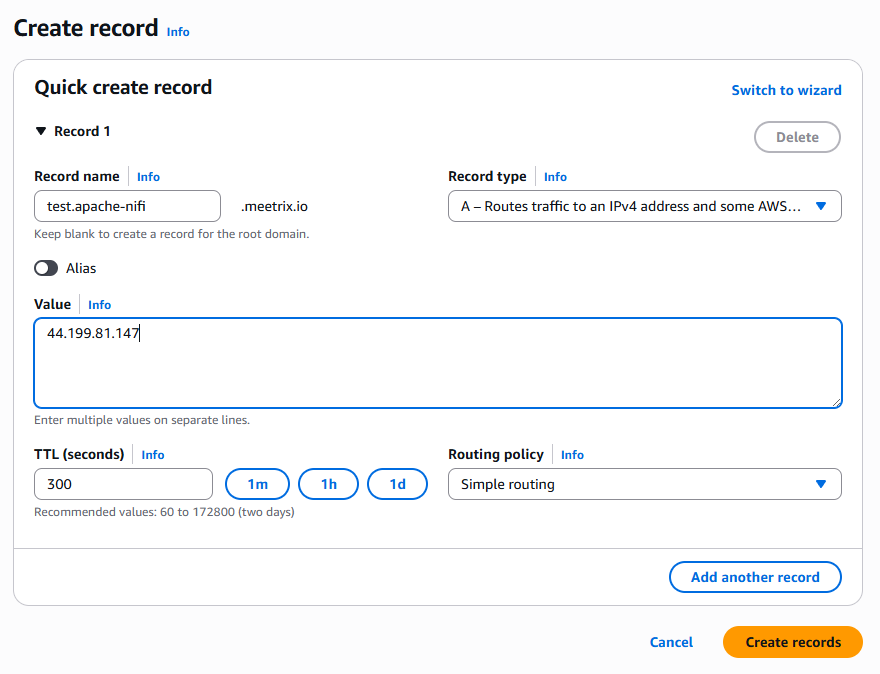 Creating a DNS record in AWS Route 53 for Apache NiFi