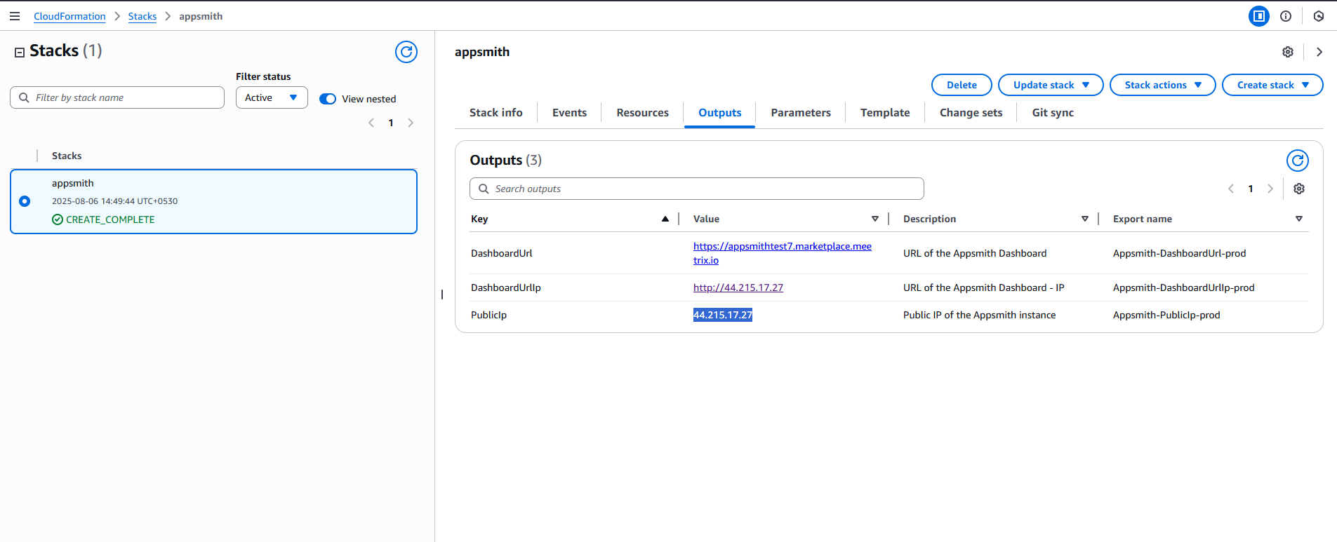 Appsmith CloudFormation outputs - Public IP