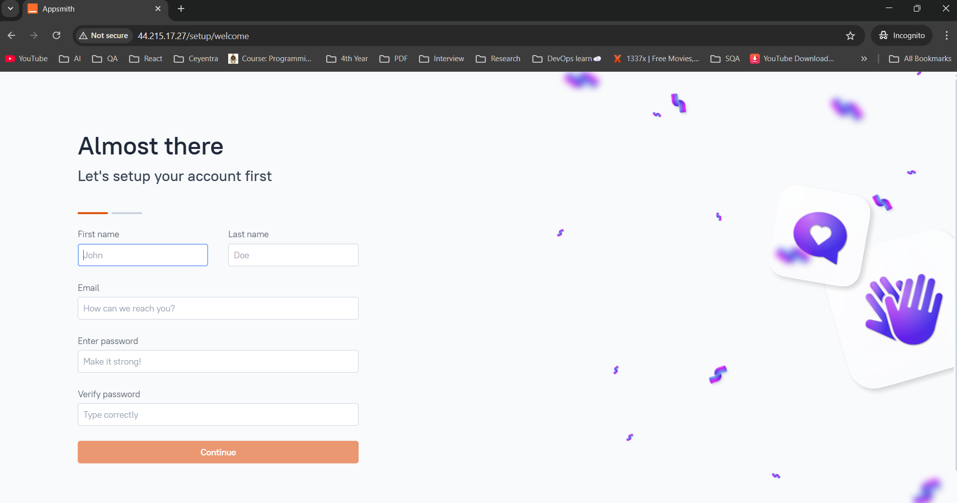 Appsmith login and account setup page