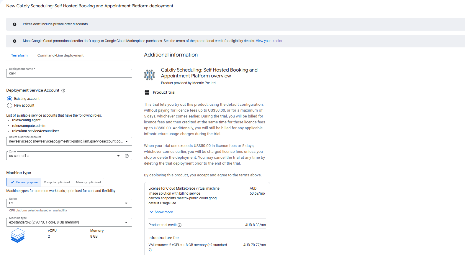 Cal.diy GCP deployment configuration form showing deployment name, service account, zone, and machine type