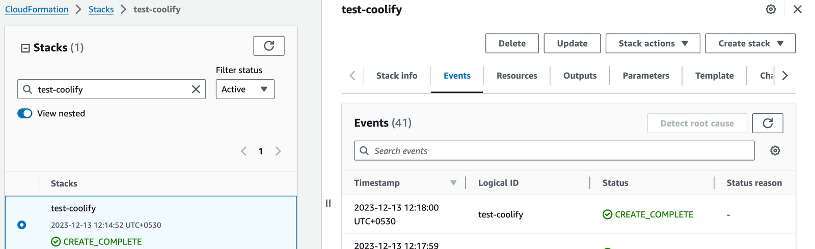 Coolify CloudFormation stack successfully created