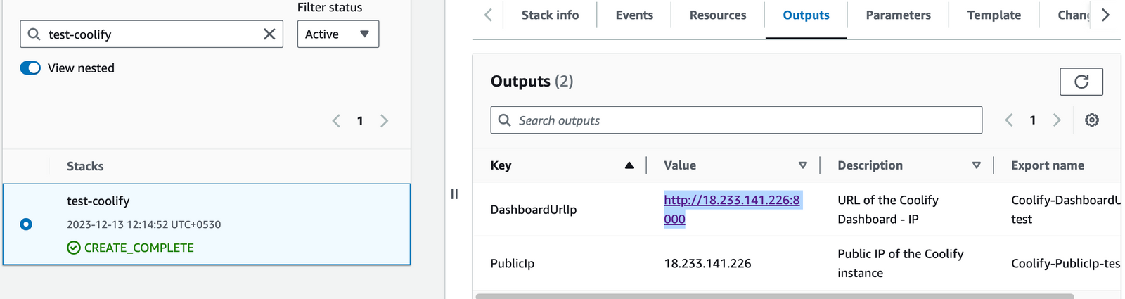 Coolify CloudFormation stack successfully created