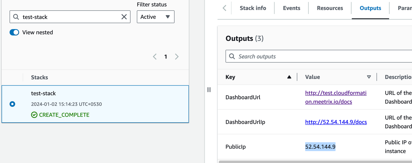Copying the PublicIp from CloudFormation Outputs tab