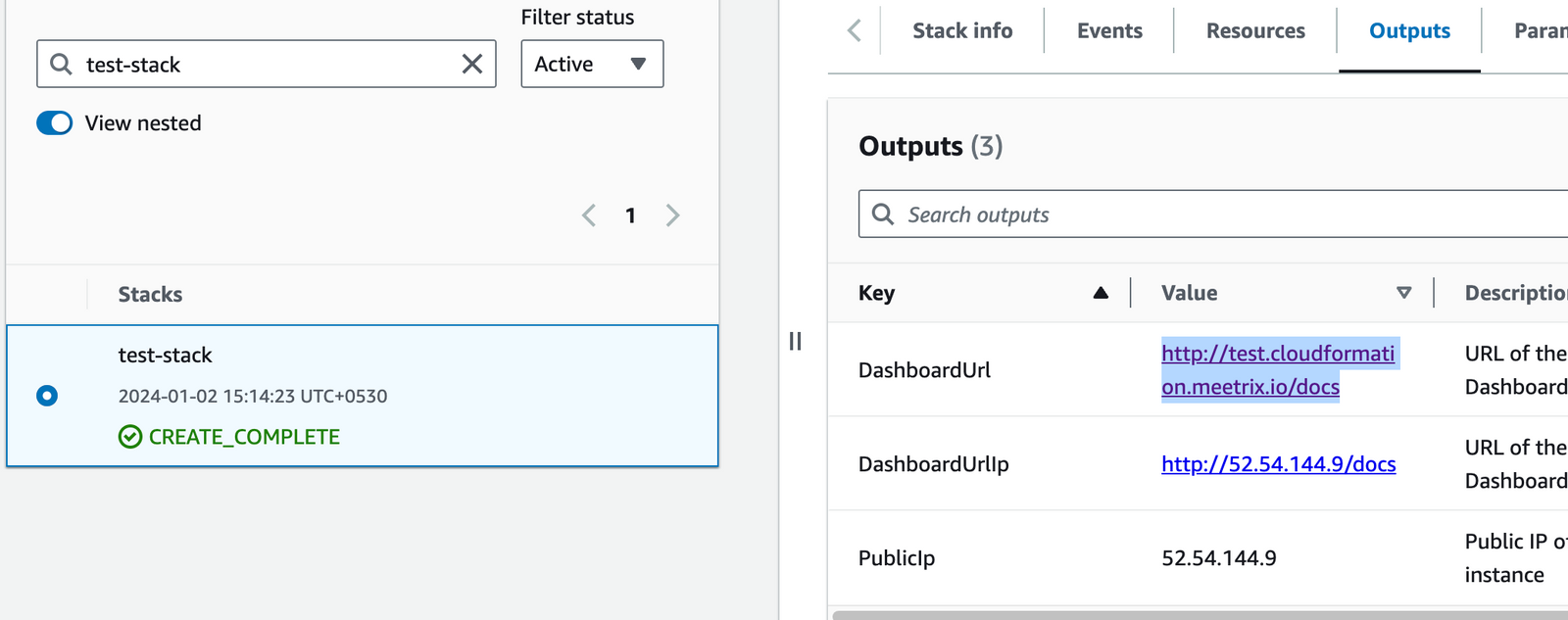 DashboardUrl and DashboardUrlIp in CloudFormation Outputs tab