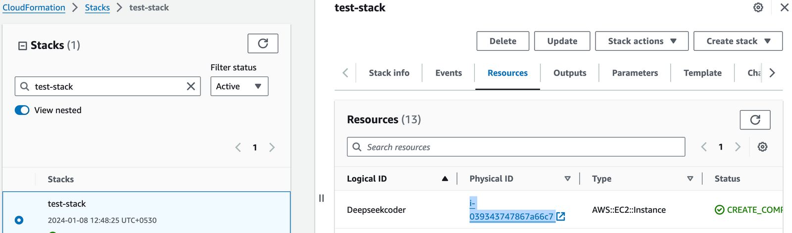 Resources tab showing the Deepseekcoder EC2 instance link