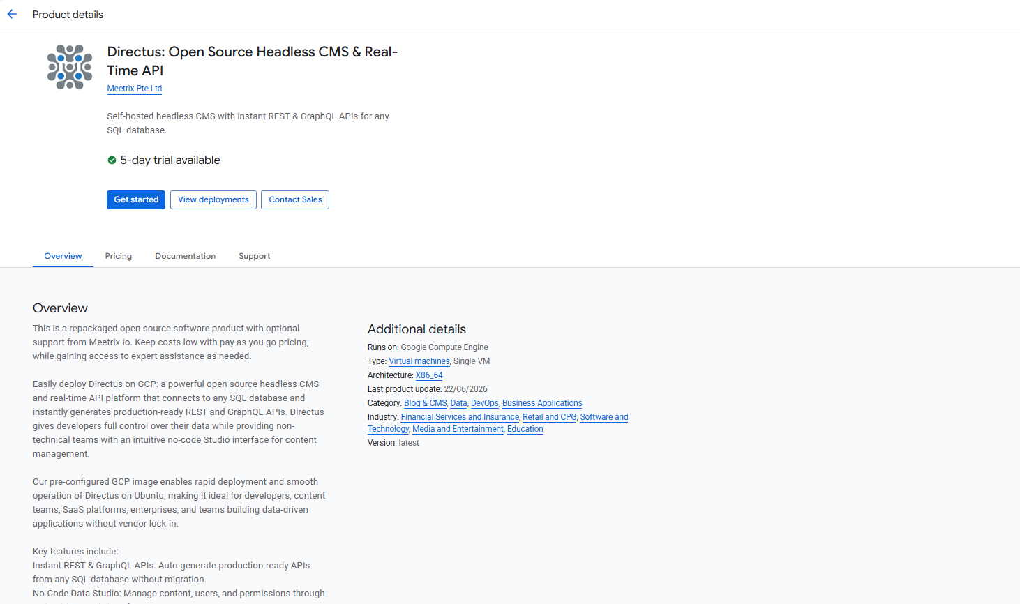 Directus Open Source Headless CMS product listing on GCP Marketplace