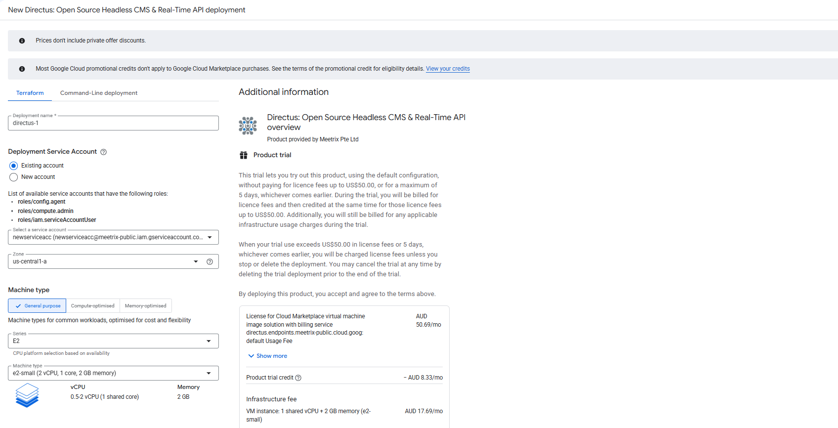 Directus GCP deployment configuration form