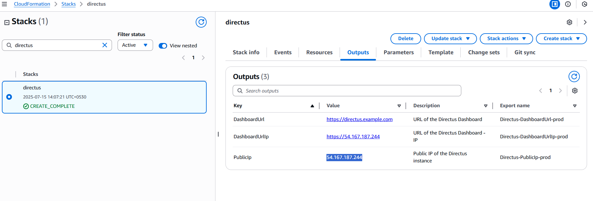 CloudFormation Outputs - Public IP
