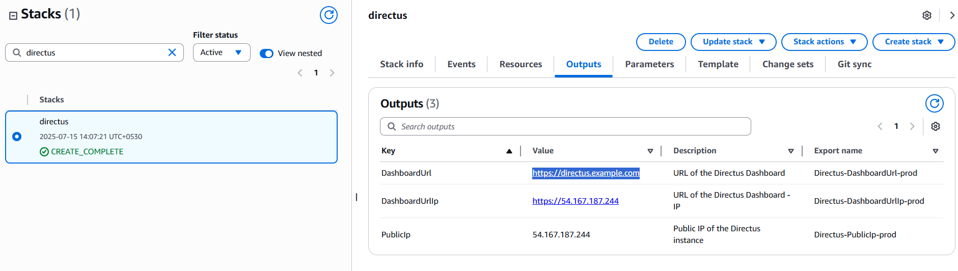 CloudFormation Outputs - Dashboard URL