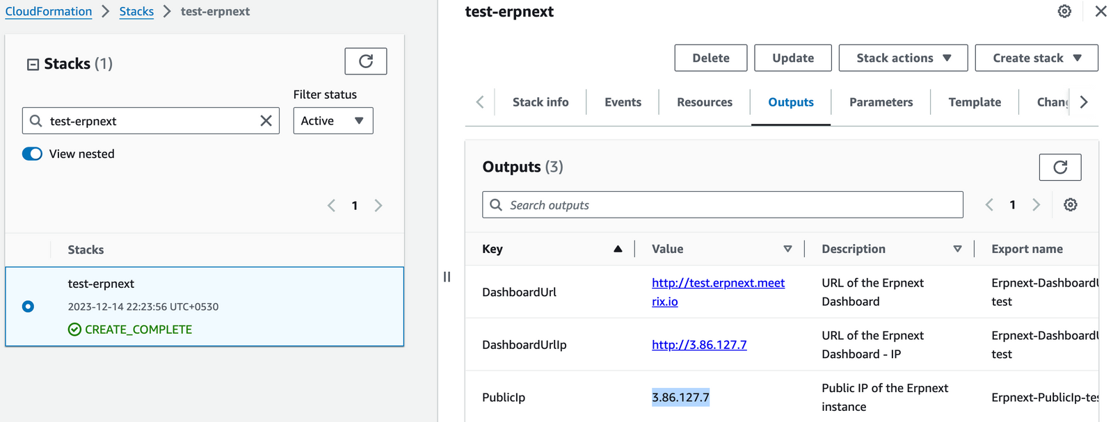 ERPNext CloudFormation Outputs Public IP