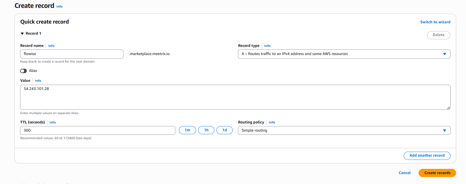 Creating a DNS record in AWS Route 53 for Flowise