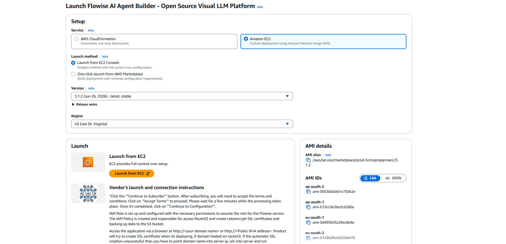 Amazon EC2 selected showing Launch from EC2 Console and One-click launch options