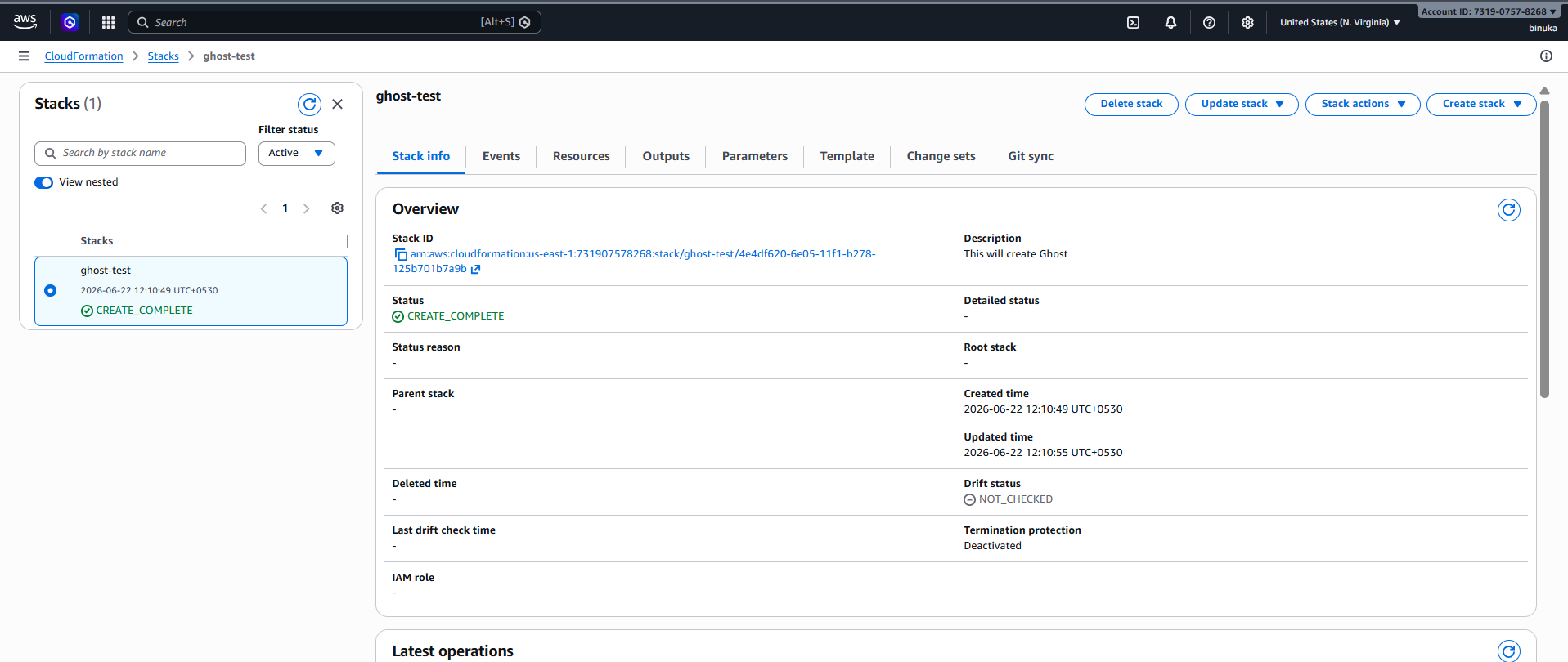 Ghost CloudFormation stack info tab showing CREATE_COMPLETE status and the stack overview