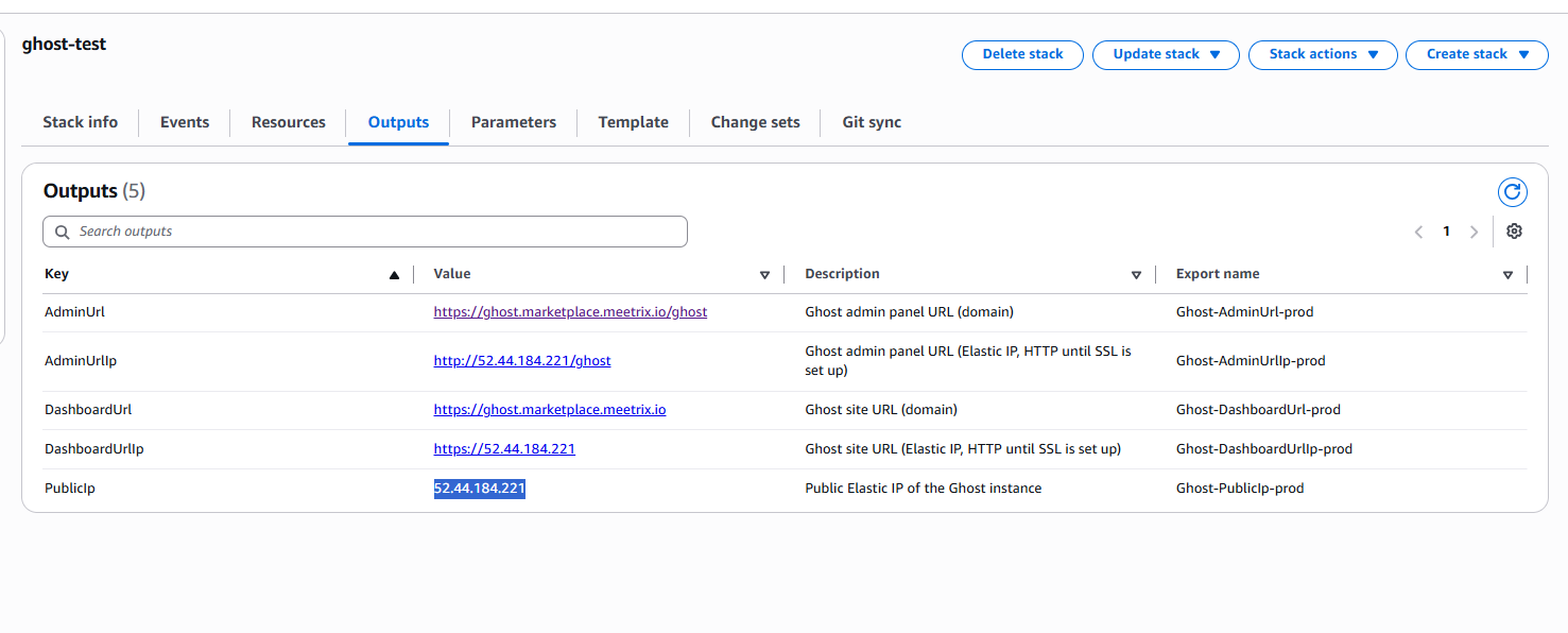 Ghost CloudFormation stack Outputs tab listing AdminUrl, DashboardUrl and the PublicIp Elastic IP