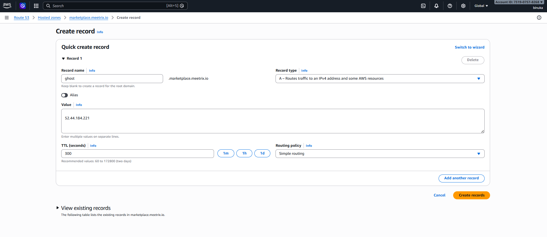 Route 53 Quick create record adding a ghost A record pointing to the Ghost instance Elastic IP