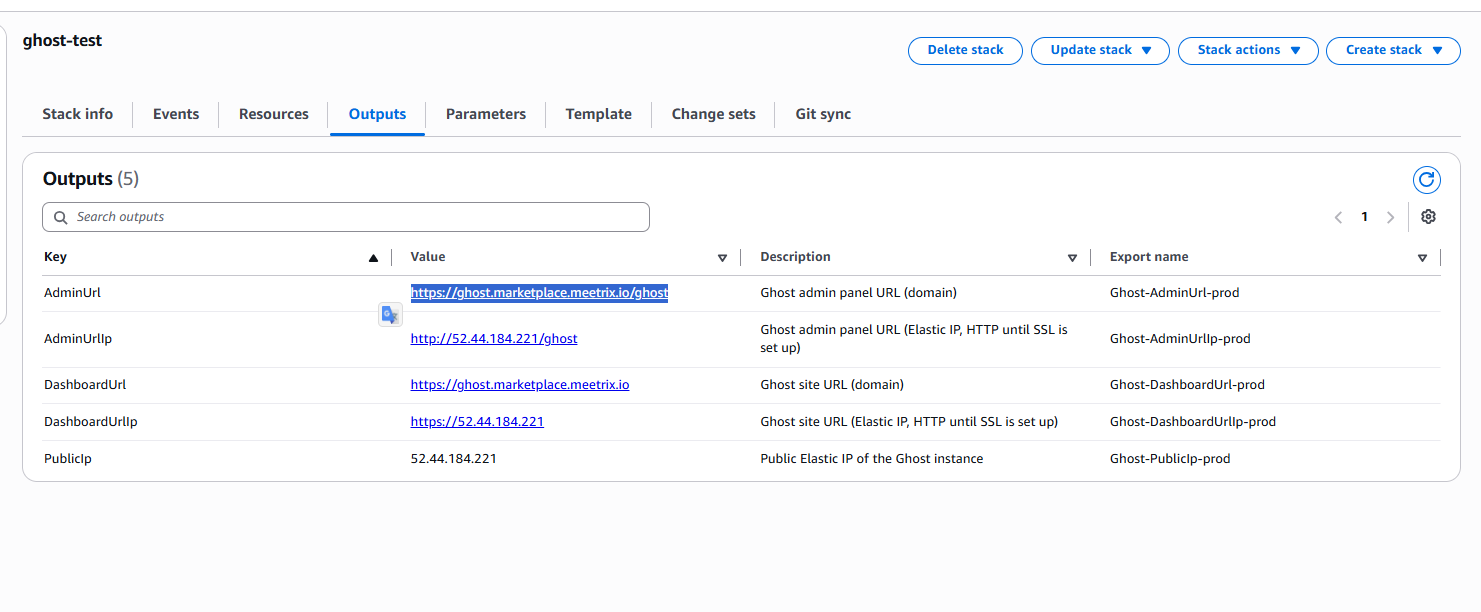 Ghost CloudFormation stack Outputs tab with the AdminUrl admin panel link selected