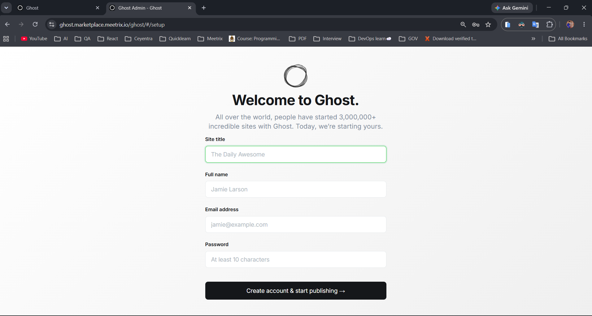 Ghost setup page asking for site title, full name, email address and password to create the admin account