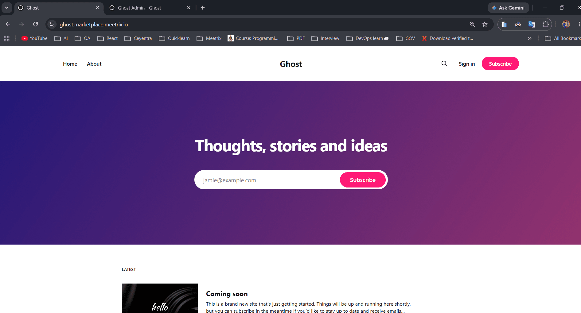 Default Ghost site homepage after deployment with the Thoughts, stories and ideas header and a subscribe form