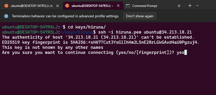 Terminal SSH connection to the Ghost server with a PEM key, typing yes at the host authenticity prompt
