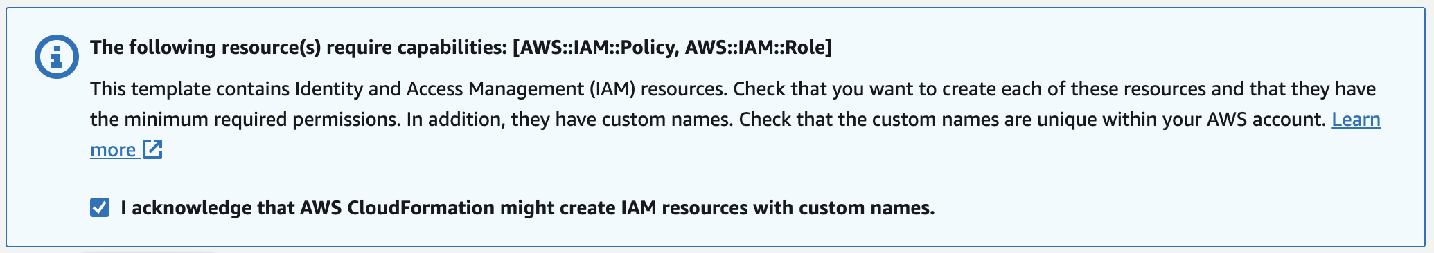 IAM capability acknowledgment checkbox in the CloudFormation review step