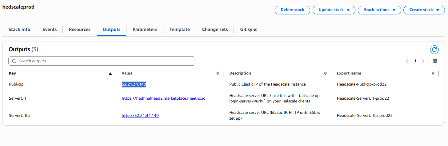 CloudFormation Outputs tab with PublicIp, ServerUrl, and ServerUrlIp values for a Headscale stack