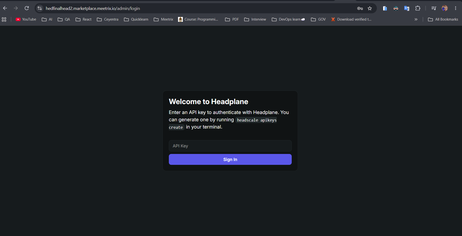 Headplane admin login screen prompting for an API key