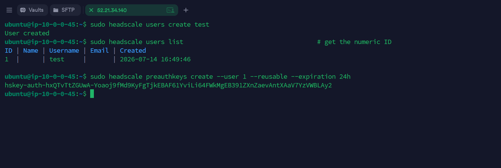 Creating a Headscale user, listing the numeric user ID, and generating a reusable pre-auth key