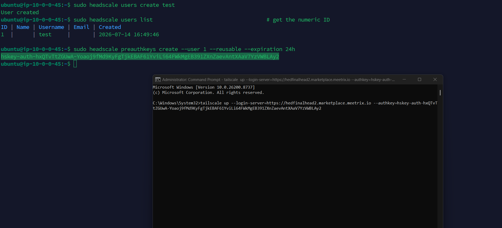 Running tailscale up with the login-server and authkey flags to register a Windows device against a Headscale server