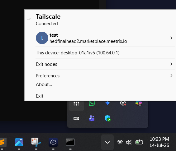 Tailscale client tray showing a device connected to a Headscale server with its assigned mesh IP