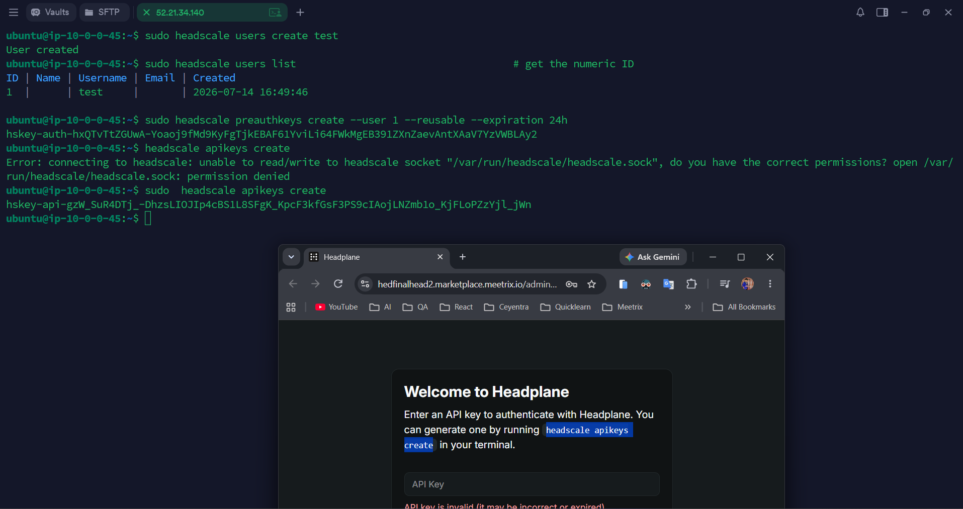 Generating a Headplane API key with sudo headscale apikeys create after a permission-denied error without sudo