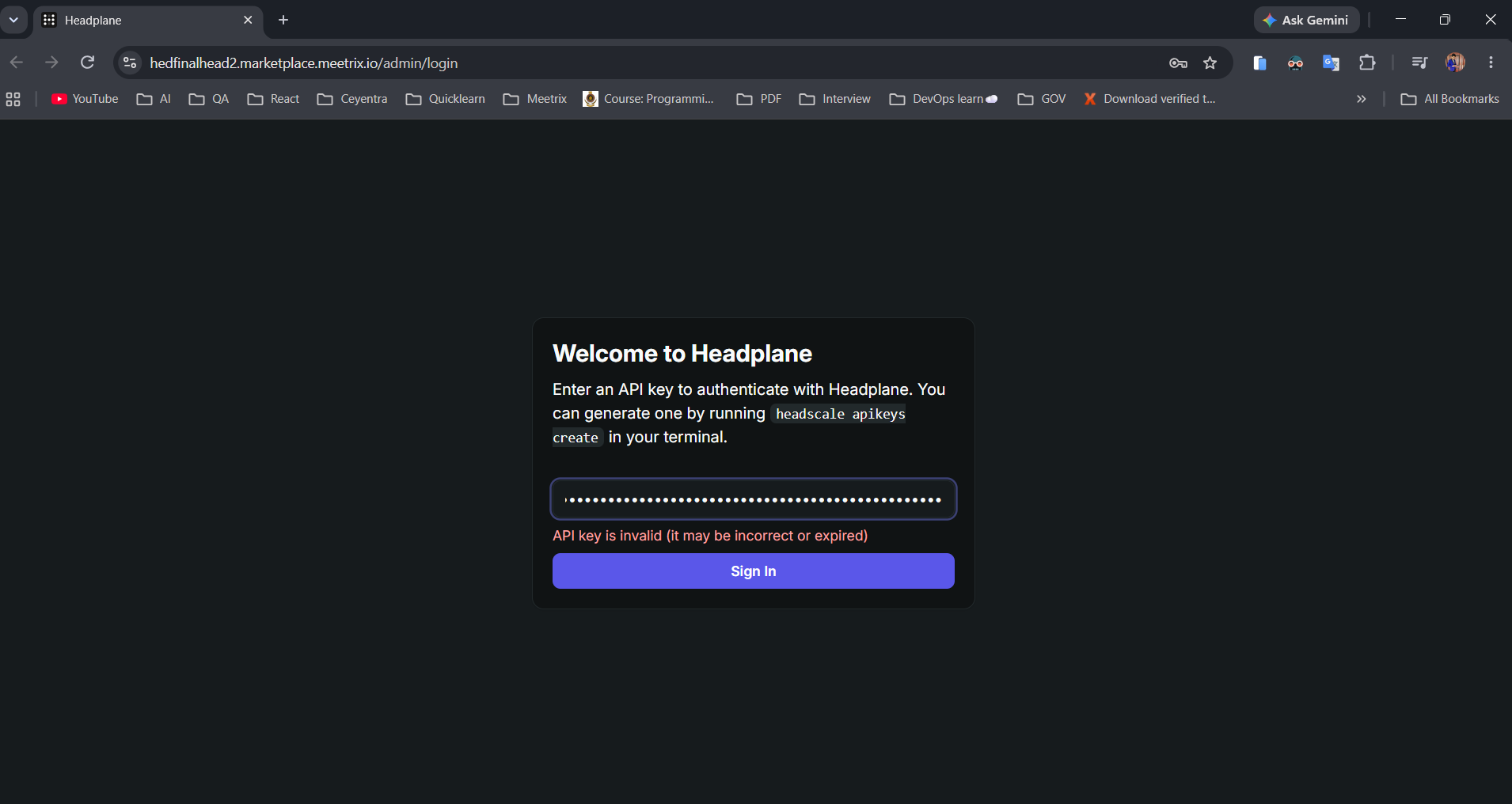 Headplane login screen showing an invalid or expired API key error