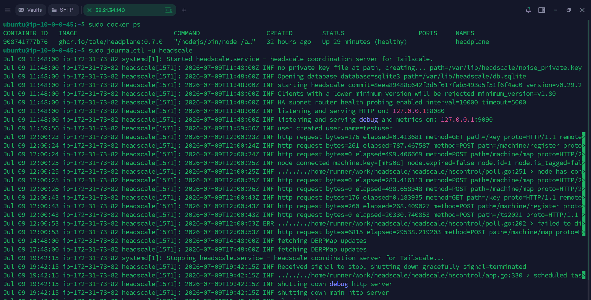 Headscale systemd service logs showing the coordination server starting up and handling client requests