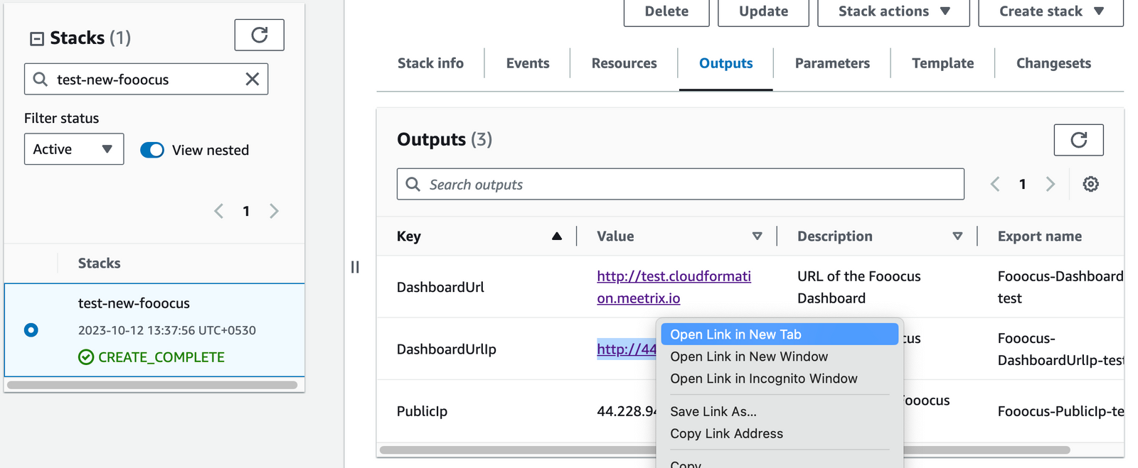 Outputs tab showing the DashboardUrlIp link for Fooocus