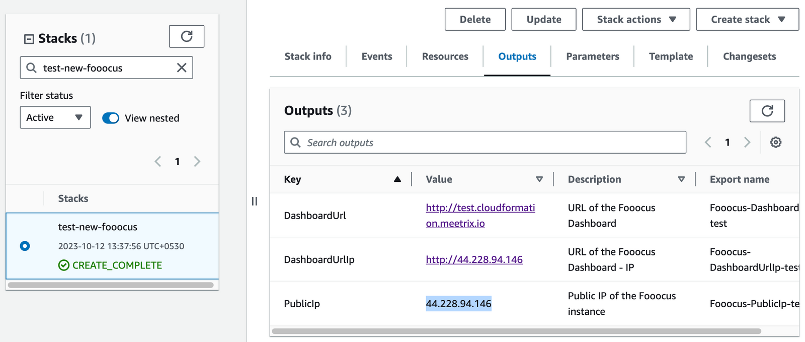 Outputs tab showing the PublicIp value for Fooocus