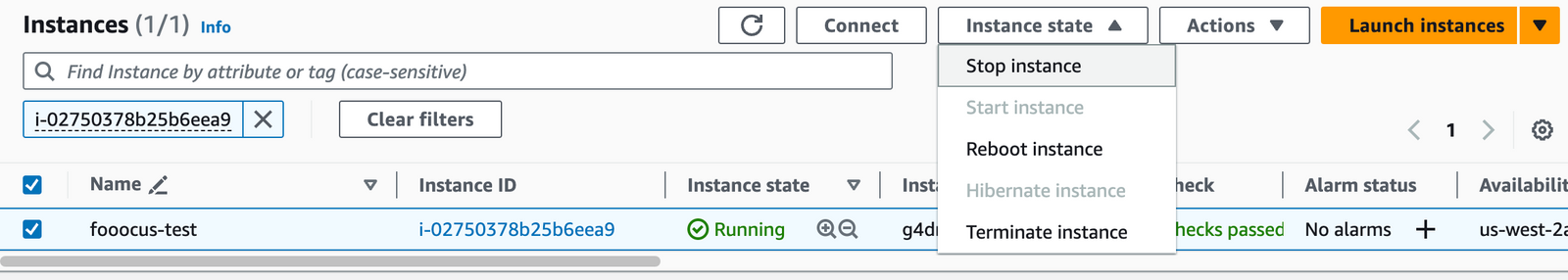Instance state dropdown showing Stop instance option