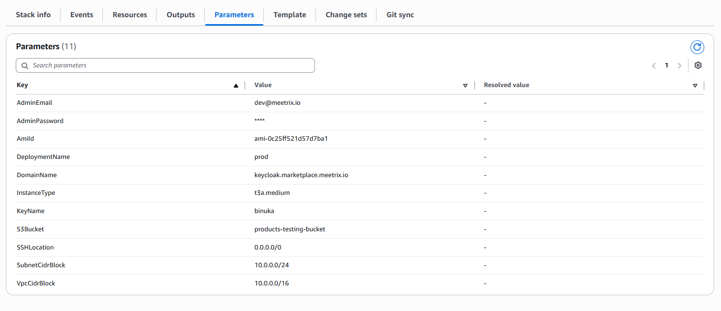 Reviewing CloudFormation stack parameters for Keycloak