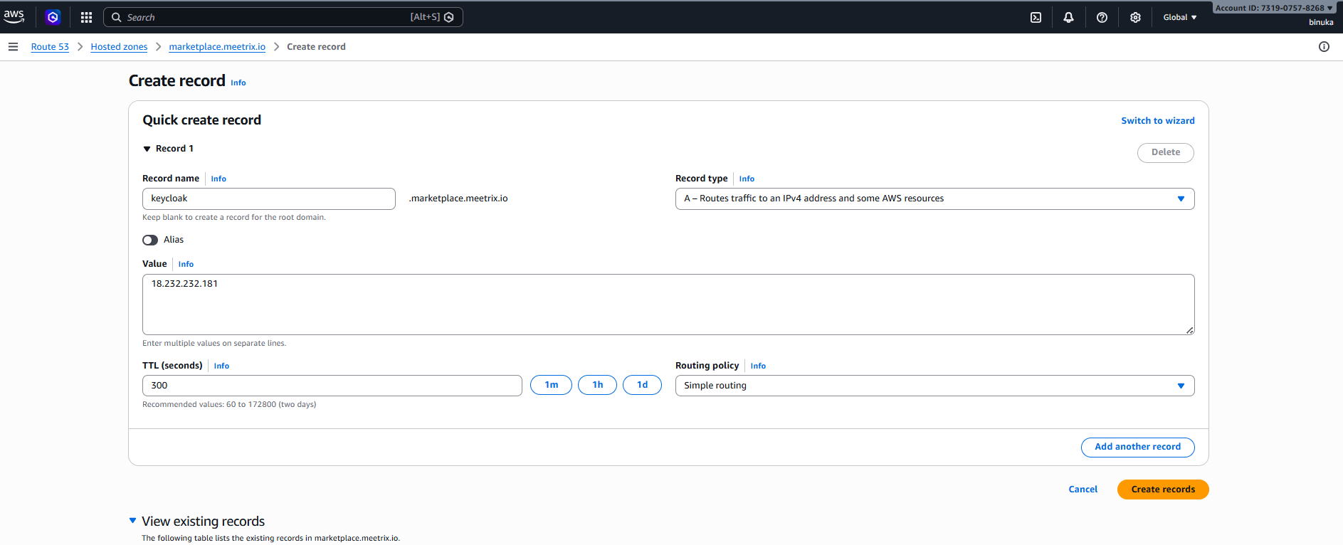 Creating a DNS record in AWS Route 53 for Keycloak