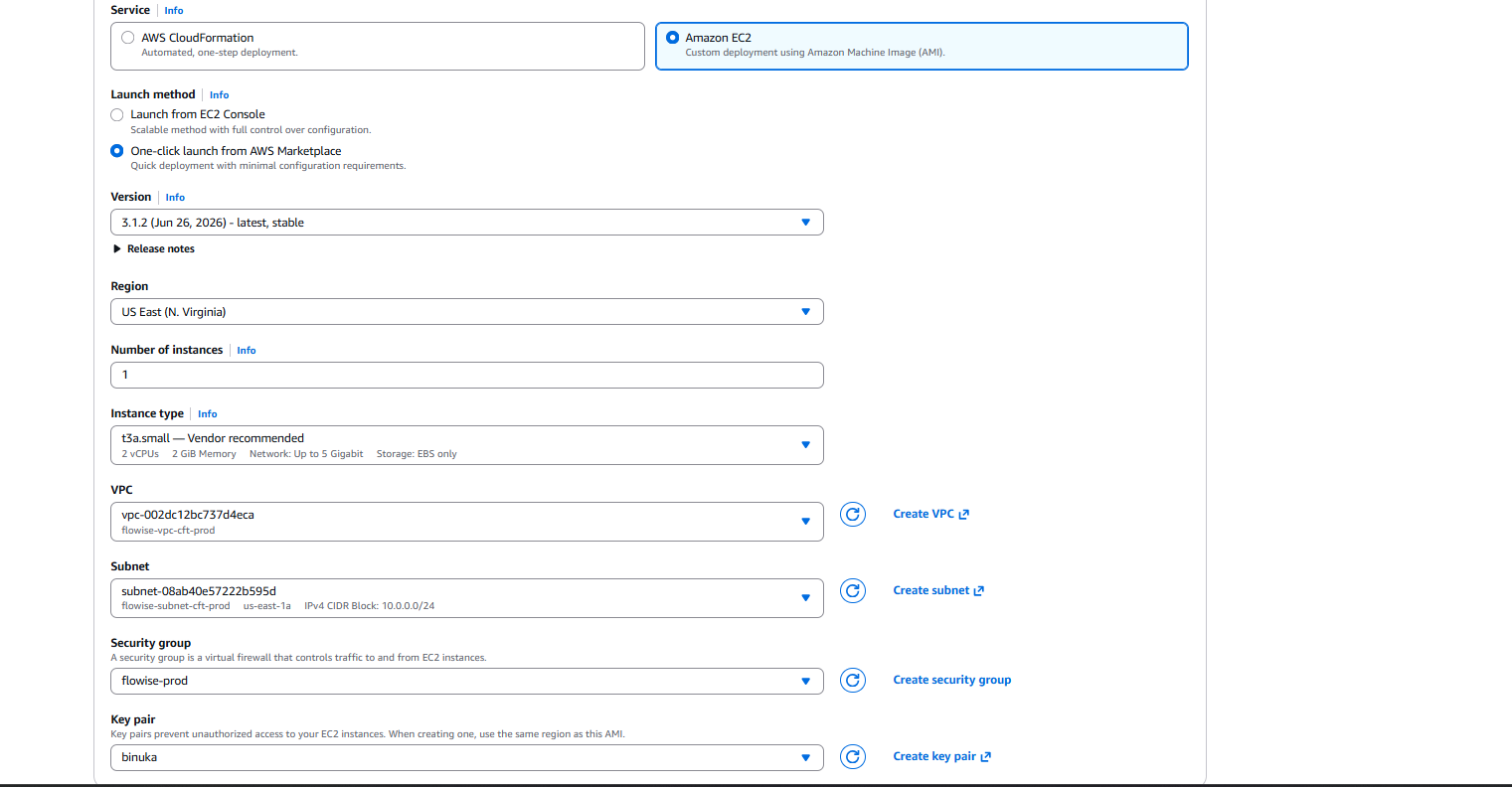 One-click launch configuration form showing subnet, security group, and key pair