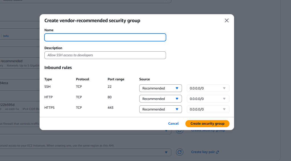 Create vendor-recommended security group with SSH, HTTP, and HTTPS inbound rules