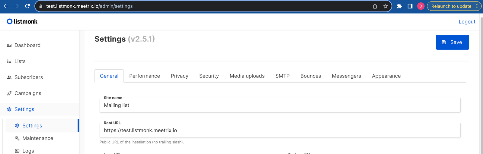Listmonk Settings General tab showing Site name and Root URL fields