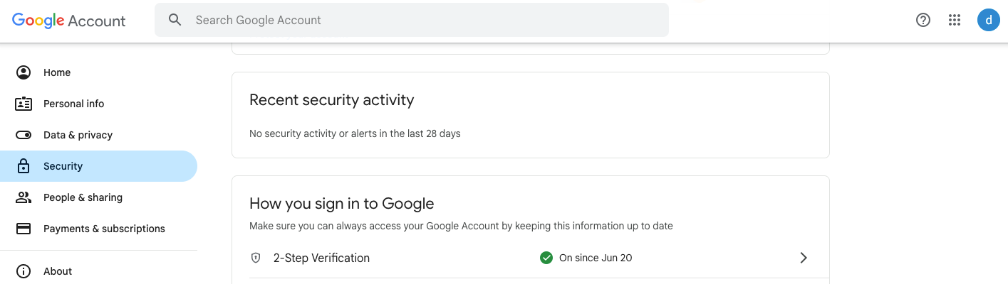 Google Account Security page with 2-Step Verification enabled