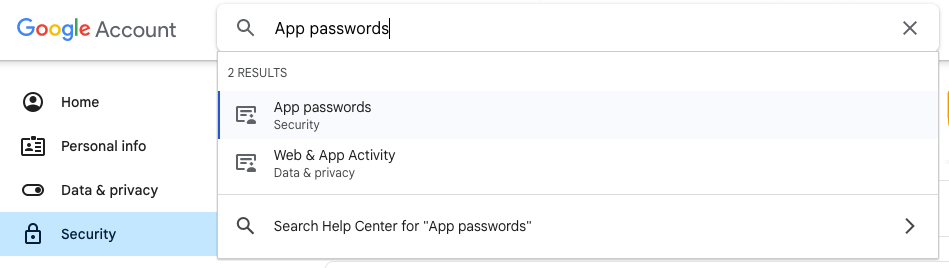Searching for App passwords in Google Account settings