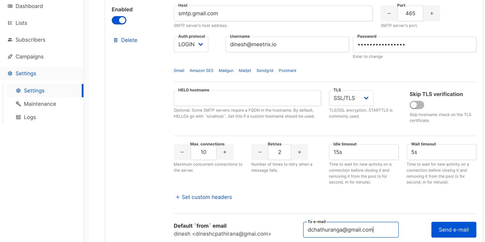 Listmonk SMTP settings configured with Gmail host, port, and app password, sending a test email