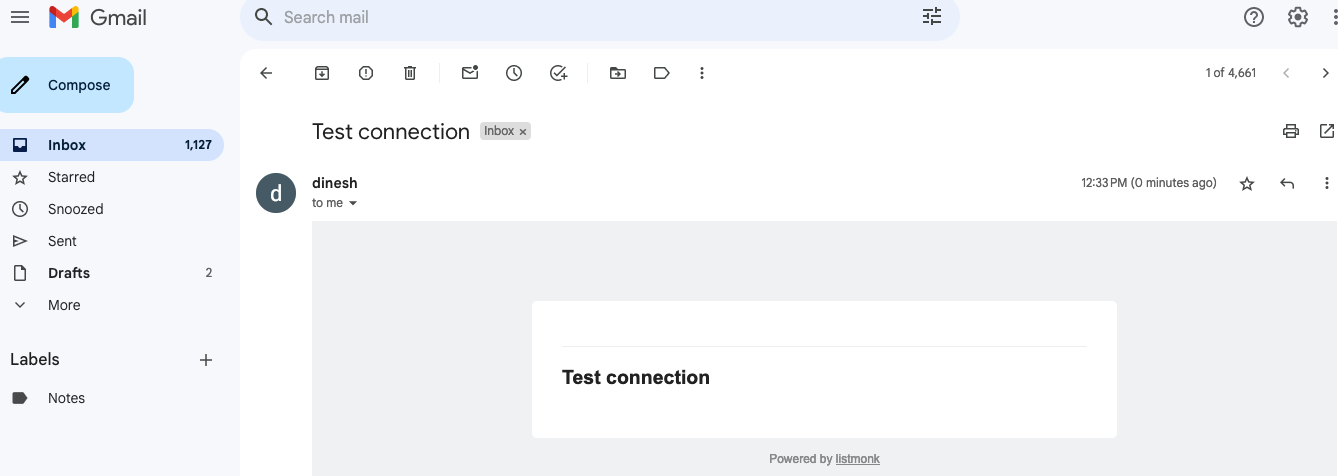 Gmail inbox showing the test connection email received from Listmonk