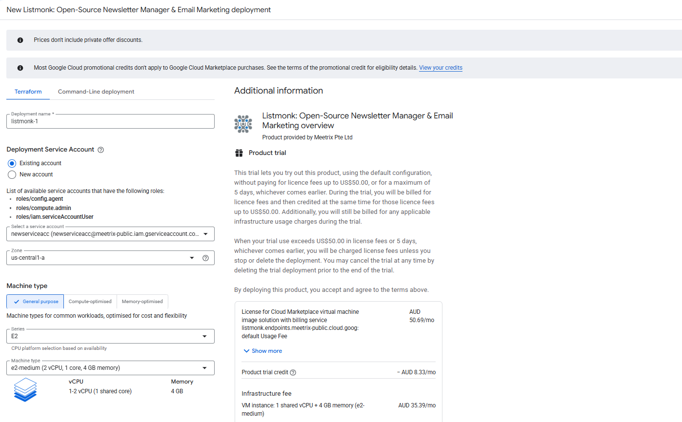 Listmonk GCP deployment configuration form showing deployment name, service account, zone, and machine type
