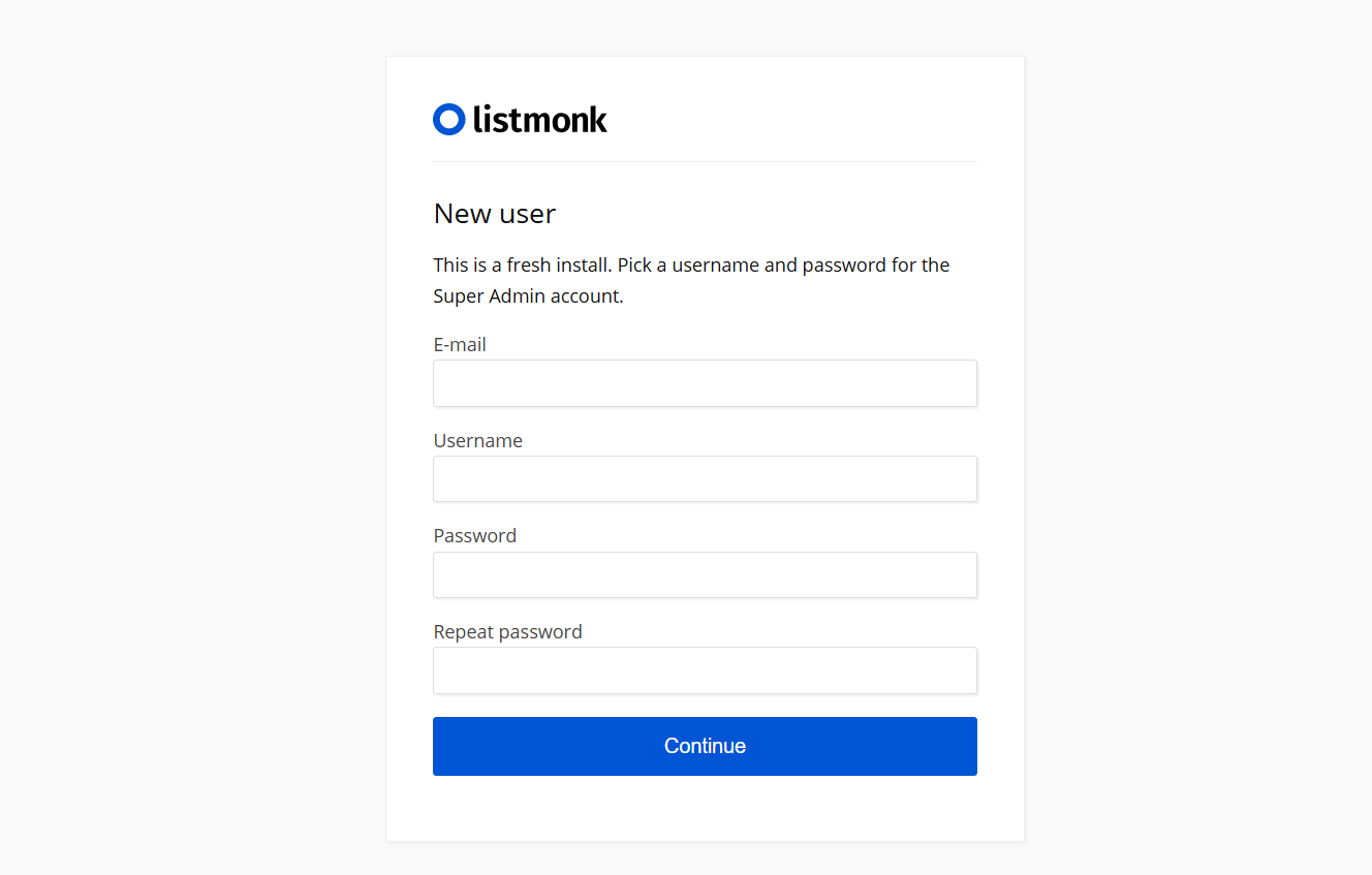 Listmonk new user setup form for creating the Super Admin account