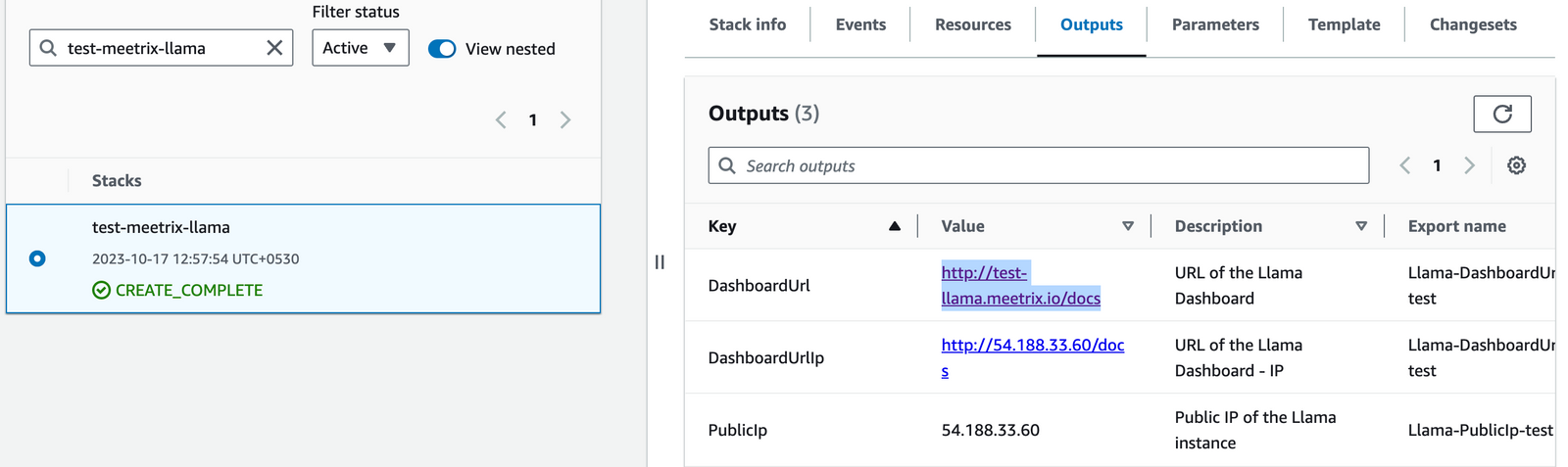DashboardUrl in CloudFormation Outputs tab