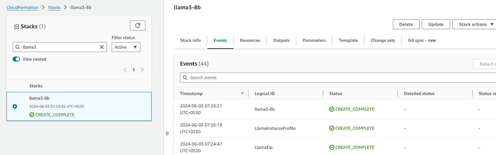 Llama 4 CloudFormation stack successfully created