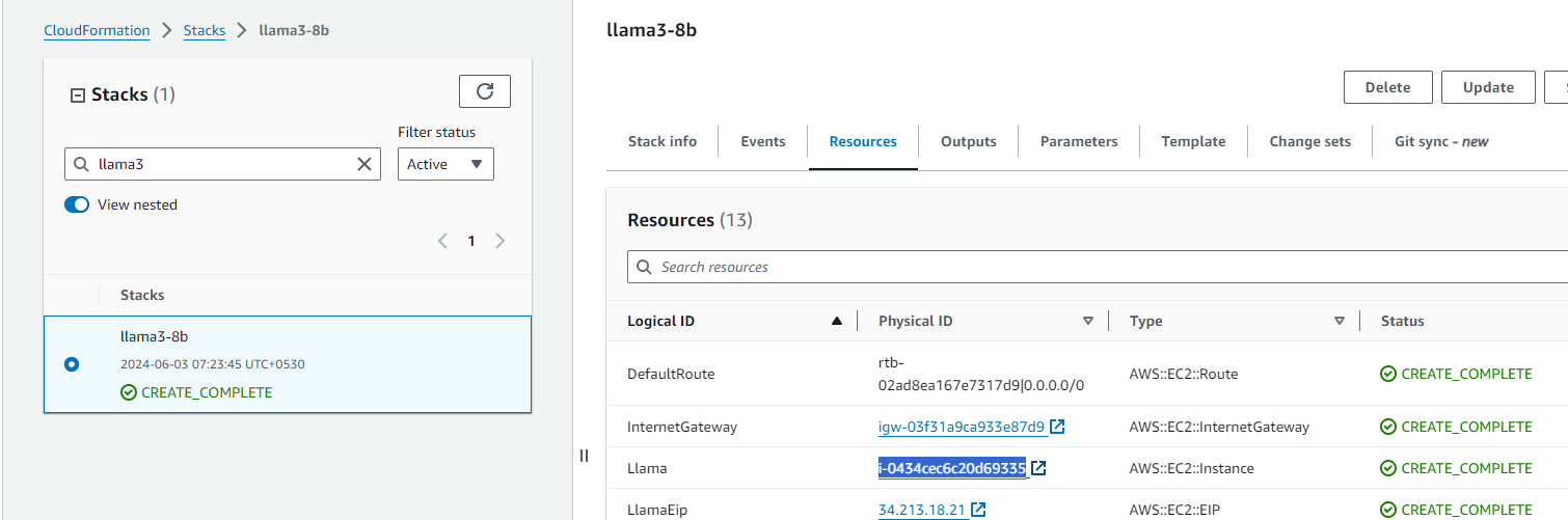 Navigating to the Llama 4 EC2 instance from CloudFormation Resources