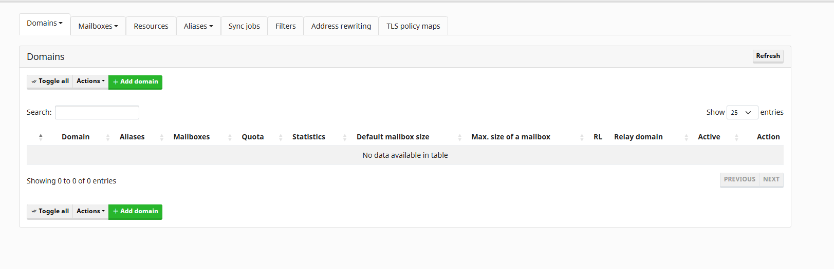 Mailcow admin panel Domains tab with an empty domain list on a fresh deployment